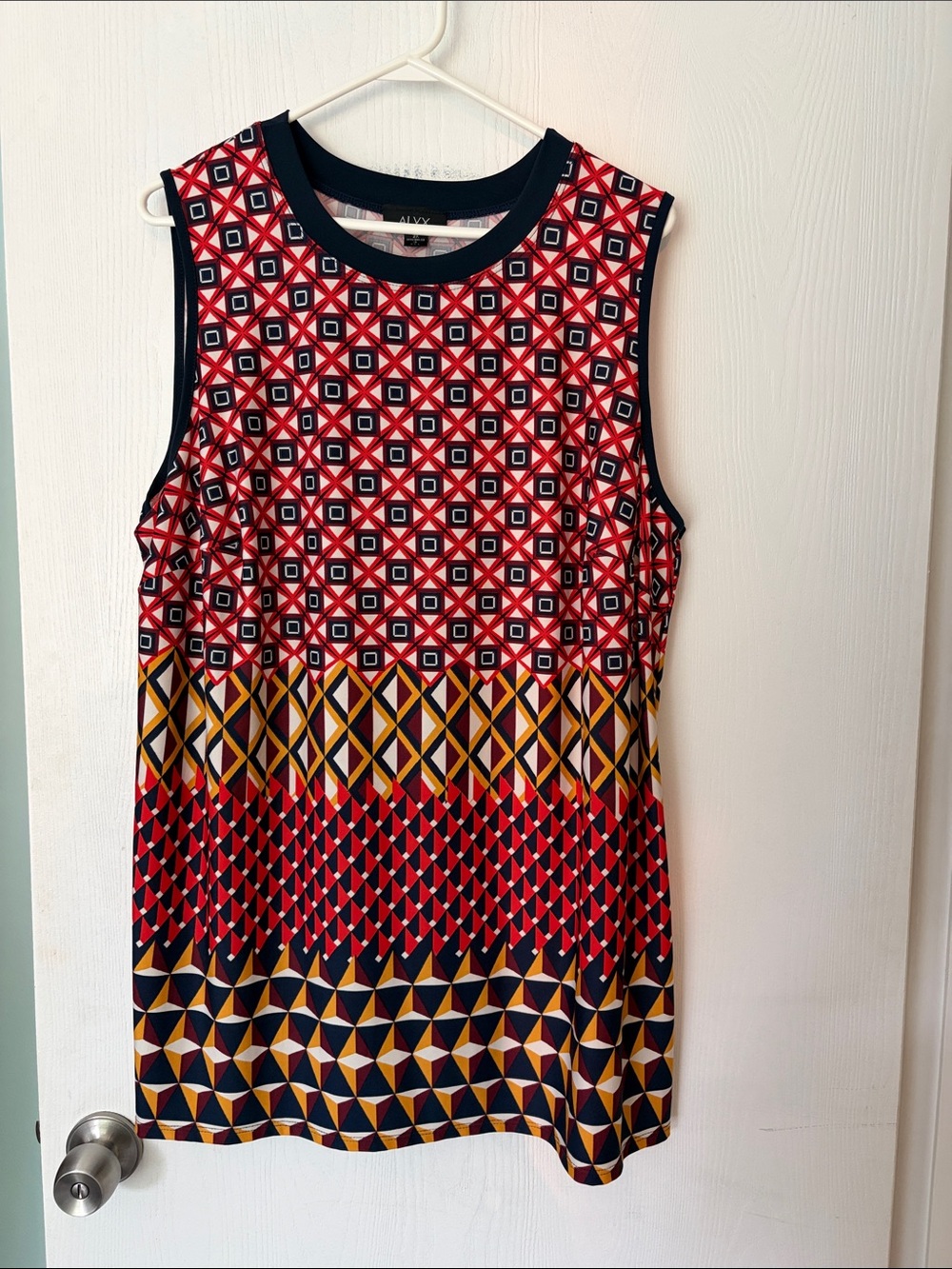 Alyx Geometric Sleeveless Tunic Blouse in Red, Navy & Yellow